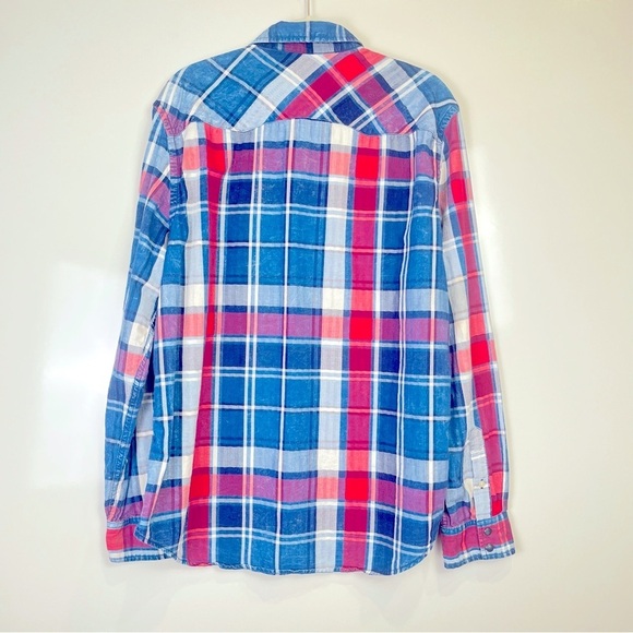 5 FOR $20 American Eagle Slim Fit Blue and Red Plaid Button-Up Shirt - Picture 3 of 7